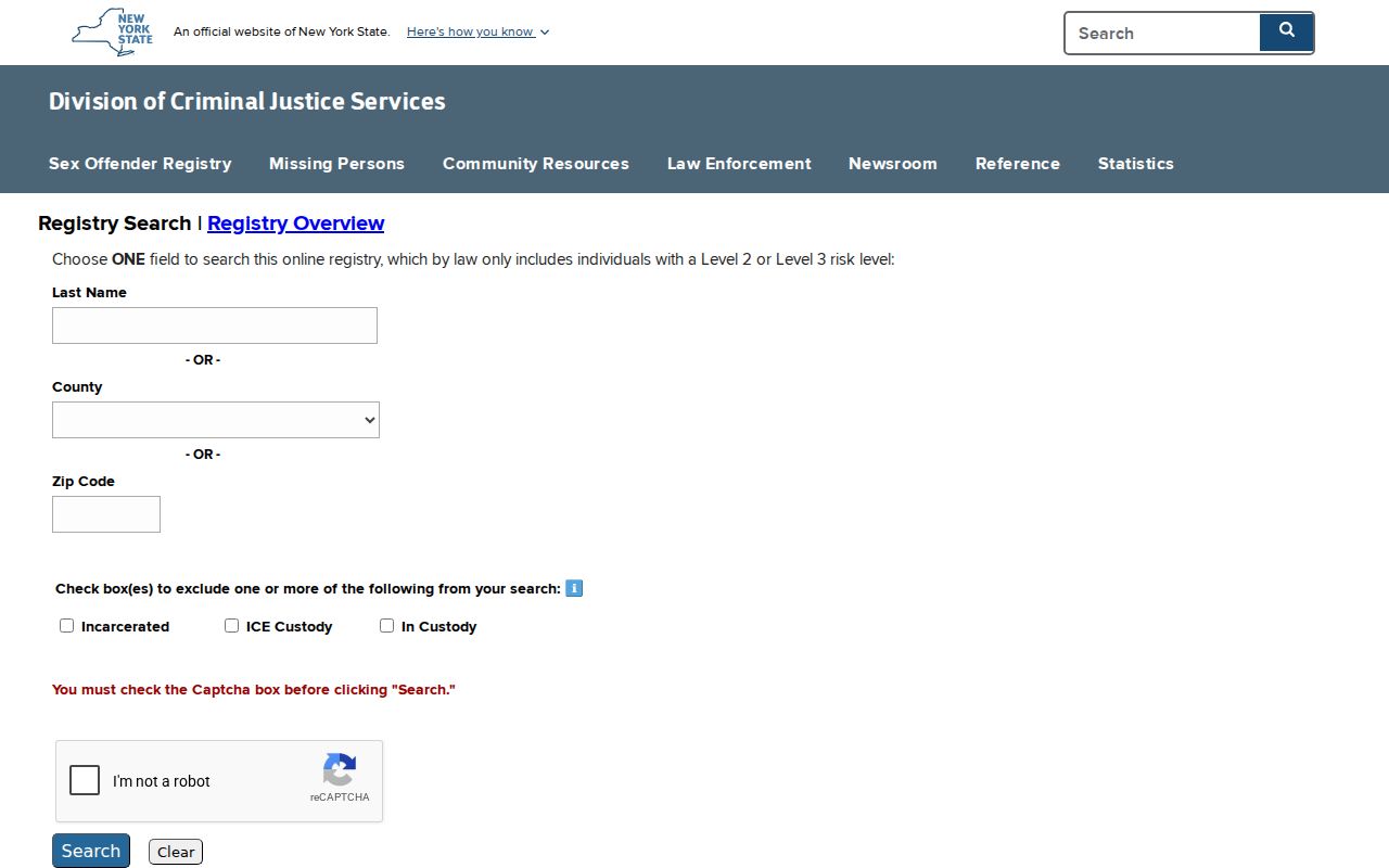Queens County sex offender registry Level 2 and 3 search interface